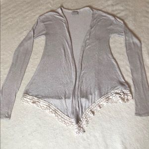Gray knit cardigan with floral, lace trim